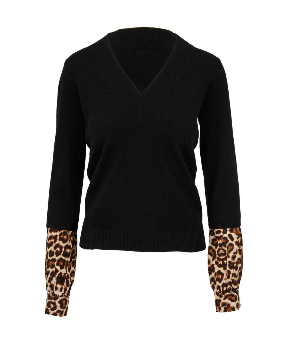 Veronica Beard Alba black cashmere sweater cheetah sleeves S